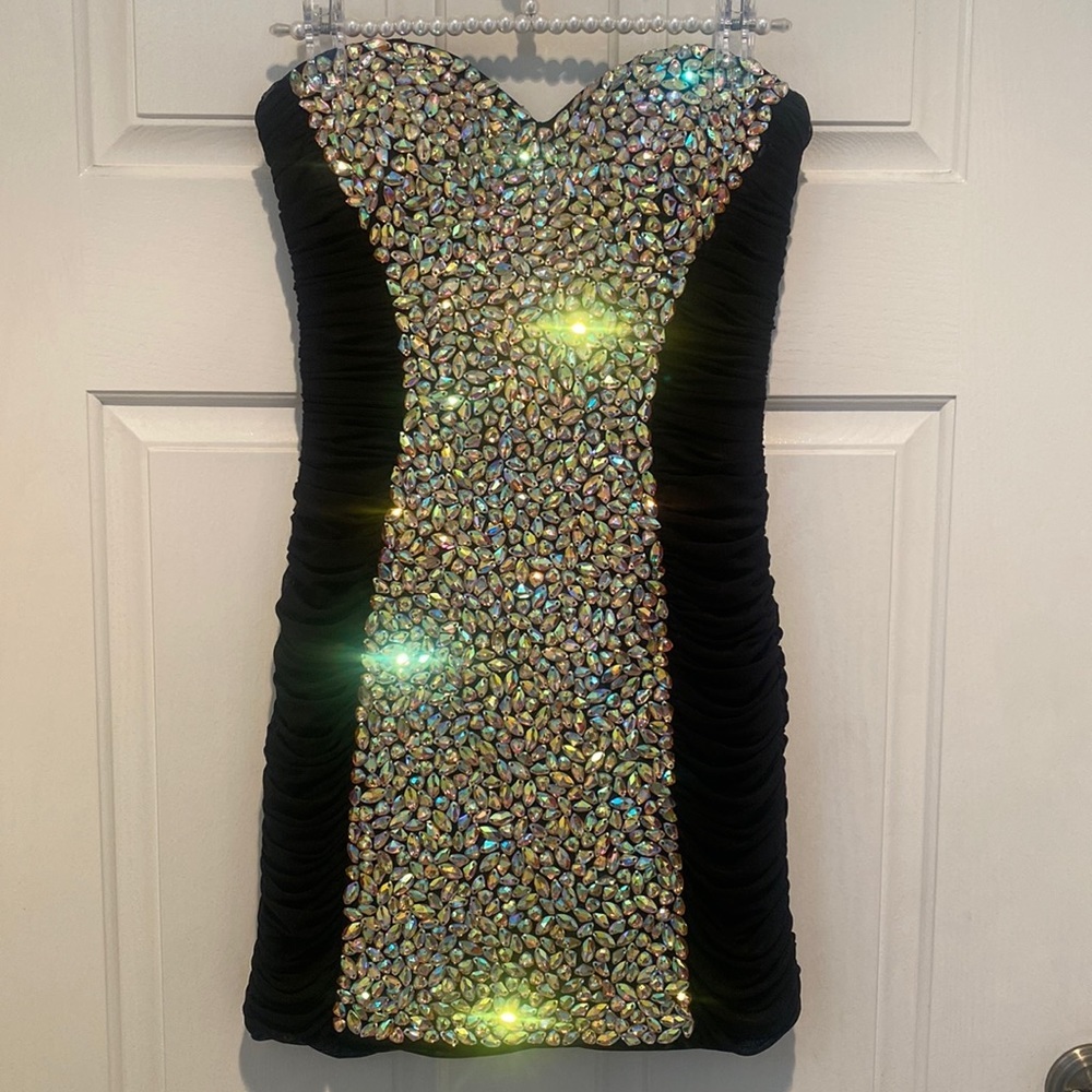 La Femme Black  Rhinestone Rouched Mini Cocktail Prom Pageant Evening Dress